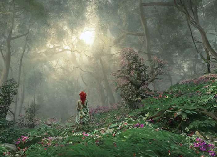 Image similar to idealistic marble statues with fractal flowery hair, seen from behind, in a magical forest, painted by, mc escher, gordon onslow ford, georgia o'keeffe and ivan aivazovsky, cinematic light, god rays, colourful, unreal engine, zbrush central,