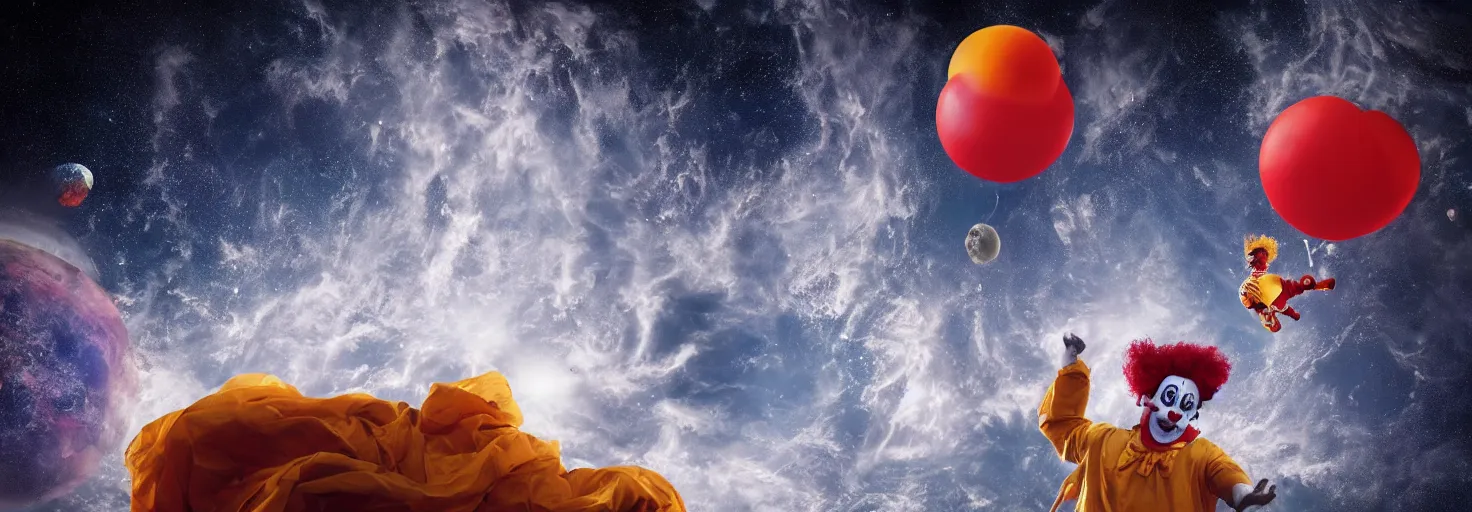 Prompt: A clown floating in space, planet Earth in the background, inspiring, epic, cinematic, award-winning, highly-detailed