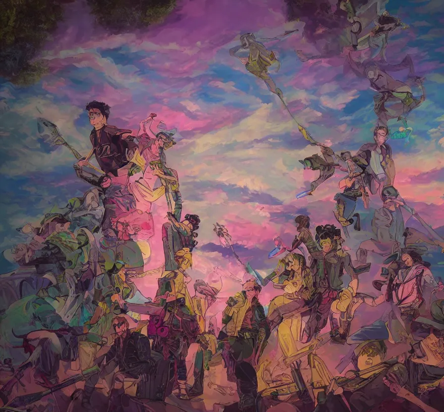 Prompt: disco elysium but it is jojo reference, acrilic paint, brush paint, heavenly atmosphere, paint, ultra detailed, beautiful image, resolution, artstation