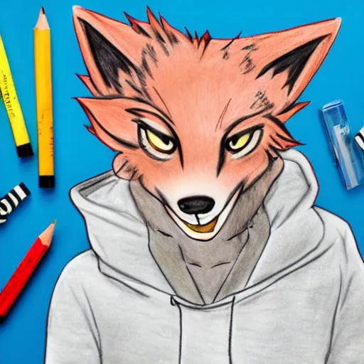 Prompt: anime style colored pencil sketch of an anthropomorphic wolf fursona furry male character wearing a hoodie, notebook drawing, realisitc photo