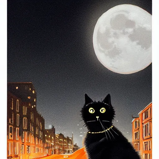 Image similar to an hyper detailed black cat with orange eyes walking through the road during the night under the light of the streetlights and looking at the moon. Realistic. High detail. Hyper realistic artwork By Diego Fazio