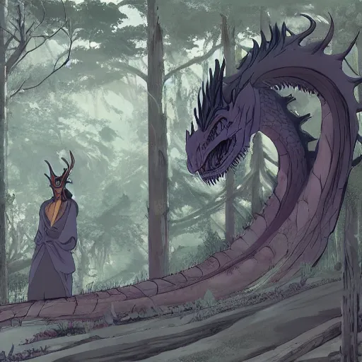 Image similar to concept art painting of an anthropomorphic dragon king with black robes, a long neck, and skull mask, in a deep forest, cel shaded, in the style of makoto shinkai and james gurney and studio ghibli and moebius