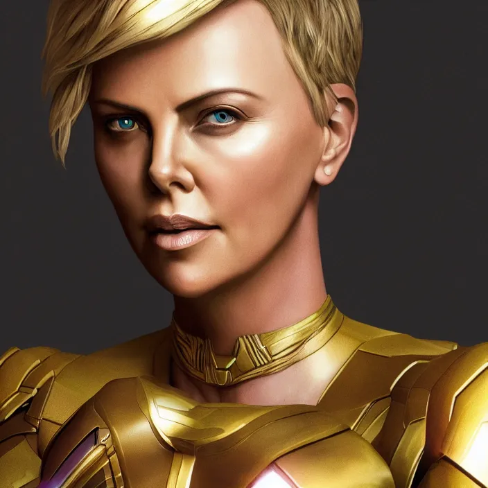 Prompt: portrait of (Charlize Theron), wearing The Infinity Gauntlet. intricate artwork. octane render, trending on artstation, very coherent symmetrical artwork. avengers. thanos. cinematic, hyper realism, high detail, octane render, 8k, iridescent accents