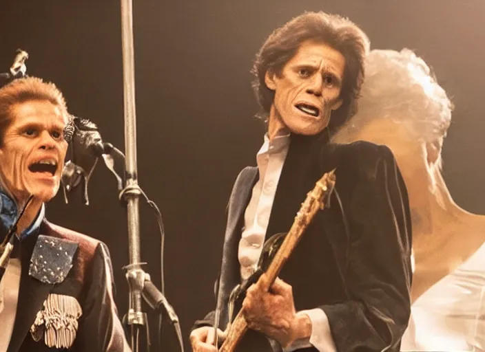 Image similar to film still of Willem Dafoe singing on stage in the new QUEEN movie, 4k