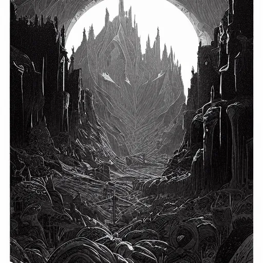 Prompt: symmetrical fantasy landscape, line art ink, engraving illustration by greg rutkowski and charlie adlard