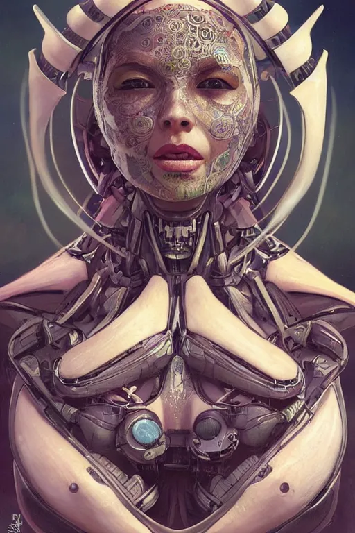 Prompt: An Alien Robot concubine, facial tattoos, artists portrait, biomechanical, oppai, fantasy, highly detailed, photograph, concept art, sharp focus, depth of field blur, illustration, art by artgerm and greg rutkowski and alphonse mucha and trevor brown