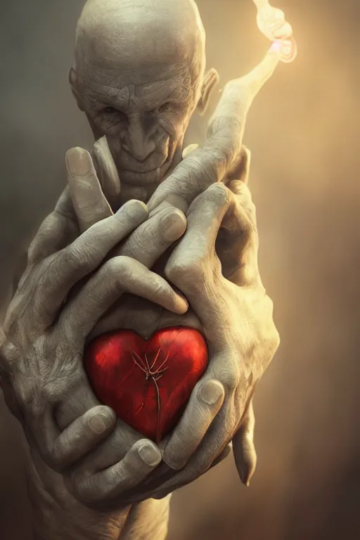 Prompt: a digital painting of a wizard man holding between his hands an anatomical realistic human heart, by netter, style from greg rutkowski, full frame, rendered in octane, 3d, artstation