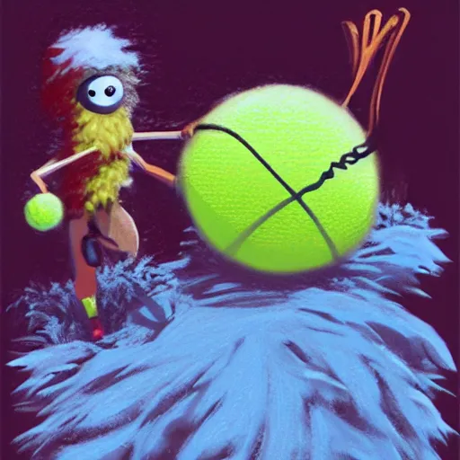 Image similar to a tennis ball monster ,tennis ball,abominable snow man ,chalk digital art, fantasy, magic, trending on artstation, ultra detailed, professional illustration by Basil Gogos