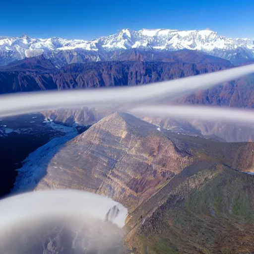 Image similar to very - distant aerial photograph of : a waterfall is falling from the peak of the world's tallest mountain down to a lake surrounded by a city at the base of the mountain. the waterfall is unbelievably tall.