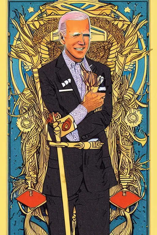 Image similar to joe biden tarot card art deco, art nouveau, by walter crane, by mark maggiori, trending on artstation