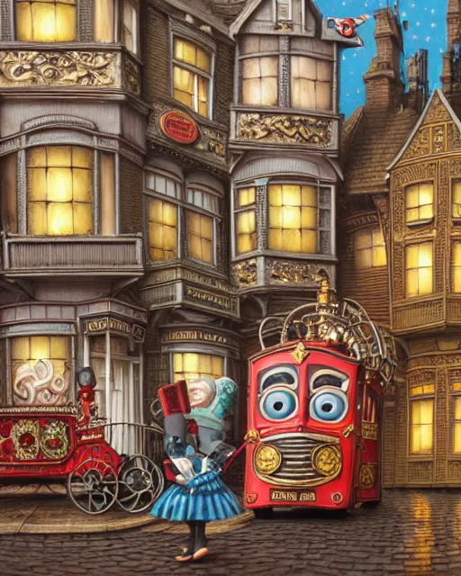 Image similar to highly detailed closeup, portrait of a tin toy victorian london streets, hyper realistic, artstation, illustration, nicoletta ceccoli, mark ryden, lostfish, dan decarlo, bob clampett, max fleischer, digital paint, matte paint, vivid colors, detailed and intricate environment