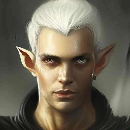 Prompt: portrait of an elf in a black cloak, male, silver hair, glowing eyes, detailed face, highly detailed, cinematic lighting, digital art painting by greg rutkowski.