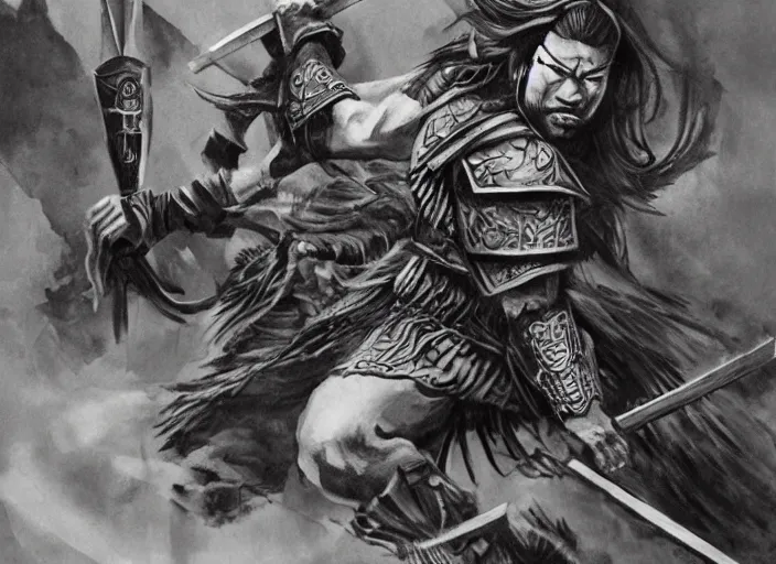 Image similar to toshiro mifune as an ancient warrior, extremely detailed, fantasy art, great quality, d & d,