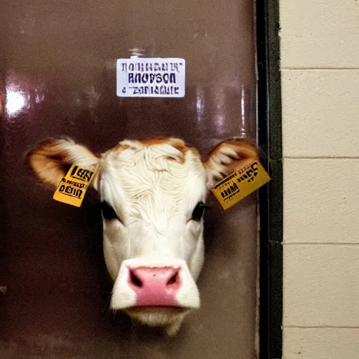 Image similar to mugshot of a cute calf dressed as an inmate inside jail