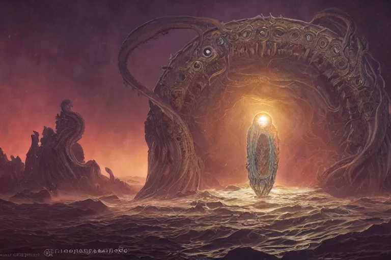 Image similar to a lovecraftian painting of cthulhu rising, cosmic horror elements, ultra realistic, concept art, intricate details, eerie, highly detailed, photorealistic, octane render, 8 k, unreal engine. art by artgerm and greg rutkowski and alphonse mucha