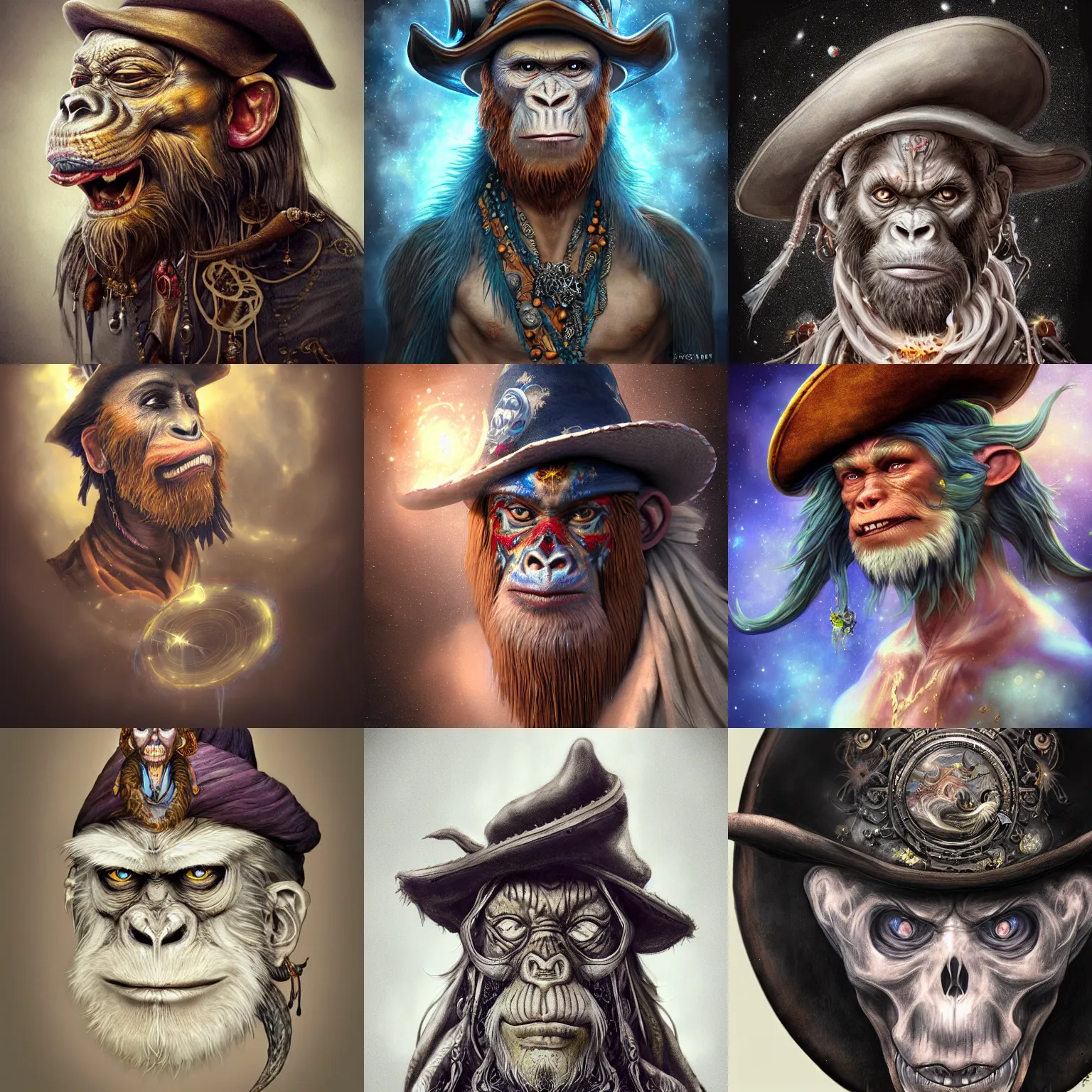 Prompt: a wlop 3 d render of very very very very highly detailed beautiful mystic portrait of a young ghost ape pirate in a hat with whirling galaxy around, tattoos by anton pieck, intricate, extremely detailed, digital painting, artstation, concept art, smooth, sharp focus, illustration, intimidating lighting, incredible art,