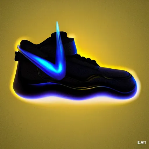 Prompt: high quality photorealistic octane 3 d render of bioluminescent sneakers floating in empty space, metallic laces, ribbed detailing, black base colour, flame pattern on lower. emissive, bloom, volumetric, ray - tracing, bjork