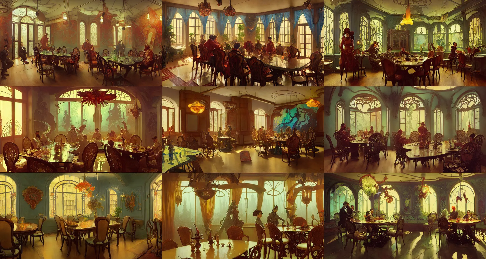 Prompt: dinner room, art nouveau architecture, art by joseph leyendecker, peter mohrbacher, ivan aivazovsky, ruan jia, reza afshar, marc simonetti, alphonse mucha