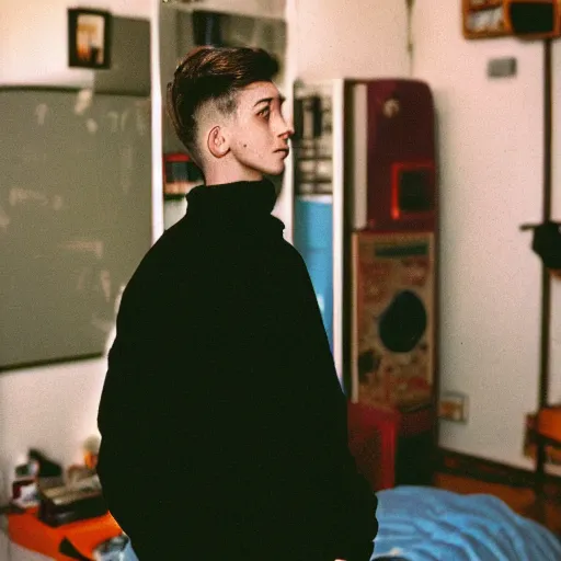 Prompt: kodak portra 4 0 0 photograph of a skinny guy wearing big black sweater standing in cluttered 9 0 s bedroom, back view!, moody lighting, telephoto, 9 0 s vibe, blurry background, vaporwave colors!, faded!,