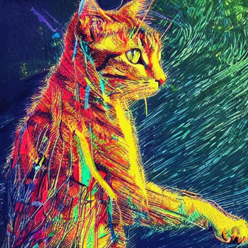 Prompt: a cat sitting in front of a lake, artwork by carne griffiths