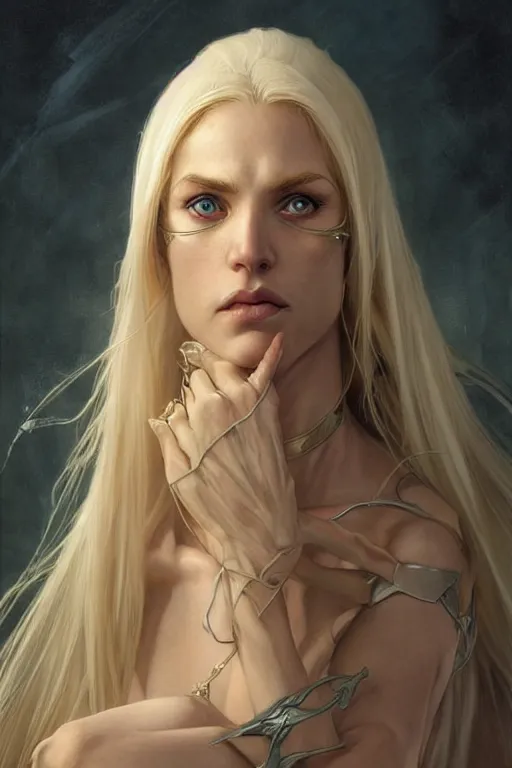 Image similar to portrait of an old blonde elven mage, dark, piercing eyes, gentle expression, elegant clothing, photorealistic, highly detailed, artstation, smooth, sharp focus, art by michael whelan, artgerm, greg rutkowski and alphonse mucha