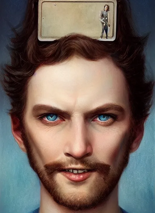 Prompt: a threatening portrait of a smiling man pretending to be human with beautiful blue eyes and short brown hair, art by manuel sanjulian and tom bagshaw