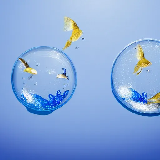 Prompt: there are two round water bowls on a blue table with a blue background. a gold fish is jumping from one bowl to the other one