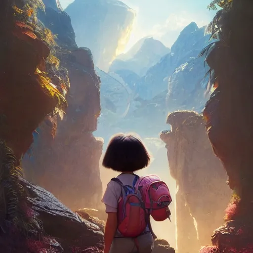 Image similar to dora the explorer, illustrated by greg rutkowski and gaston bussiere, cgsociety contest winner, artstation, portrait image, photorealistic facial features, 4 k, 8 k, volumetric lighting, white backdrop