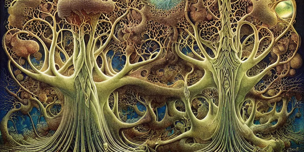 Image similar to tree of life by roger dean and andrew ferez, art forms of nature by ernst haeckel, divine chaos engine, symbolist, visionary, art nouveau, botanical fractal structures, organic, detailed, realistic, surreality