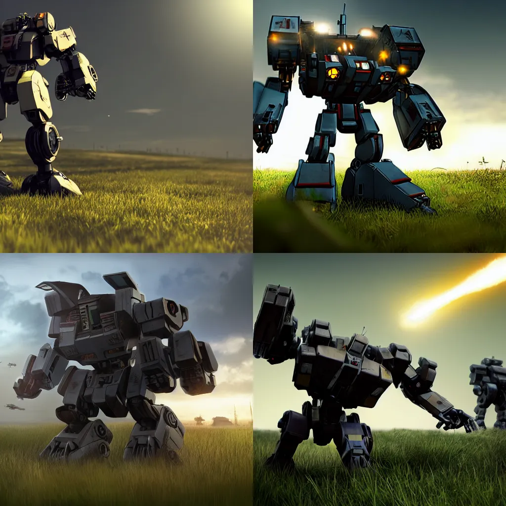 Prompt: battletech mech, ultra realistic photograph, cinematic lighting, on the ground, grass, focus blur