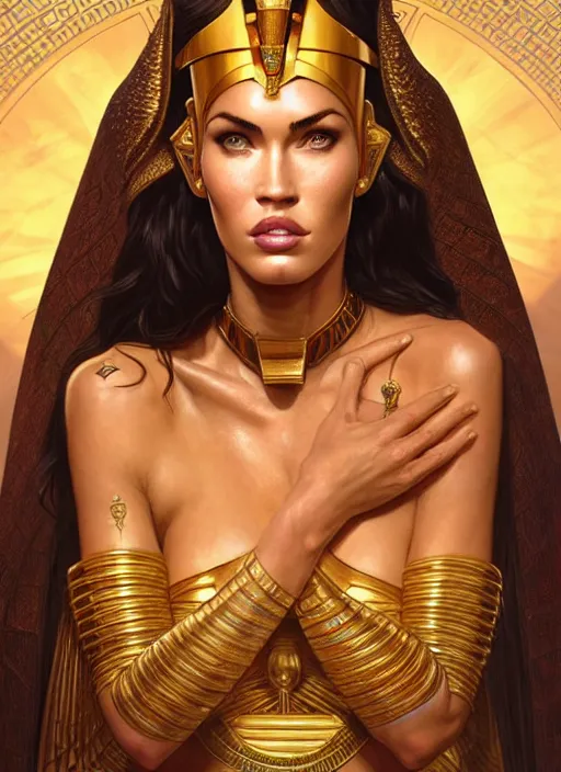 Image similar to portrait of megan fox as egypt queen, scarab, pyramids, gold, intricate, headshot, highly detailed, digital painting, artstation, concept art, sharp focus, cinematic lighting, illustration, art by artgerm and greg rutkowski, alphonse mucha, cgsociety