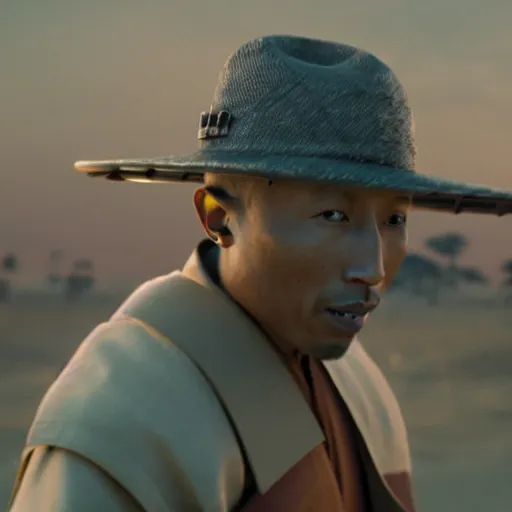 Image similar to cinematic film still Pharrell Williams starring as a Samurai holding fire, Japanese CGI, VFX, 2003, 40mm lens, shallow depth of field,film photography