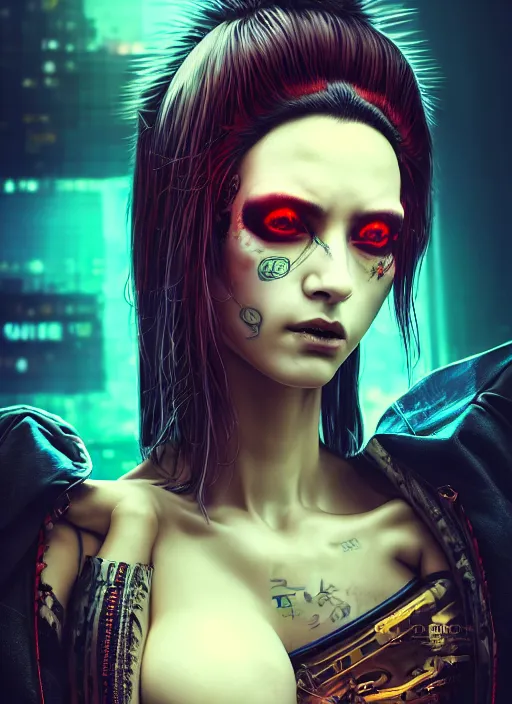 Prompt: portrait of a seductive cyberpunk geisha yakuza raver gutter punk cyborg bioweapon, golden ratio, details, sci - fi, dark fantasy, cyberpunk, intricate, decadent, ornate, highly detailed, digital painting, octane render, 8 k, artstation, concept art, smooth, sharp focus, illustration, art by artgerm, loish, wlop