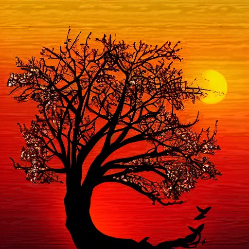 Image similar to birds on cherry tree, serene, graceful, sunset at golden hour, digital painting, Dada