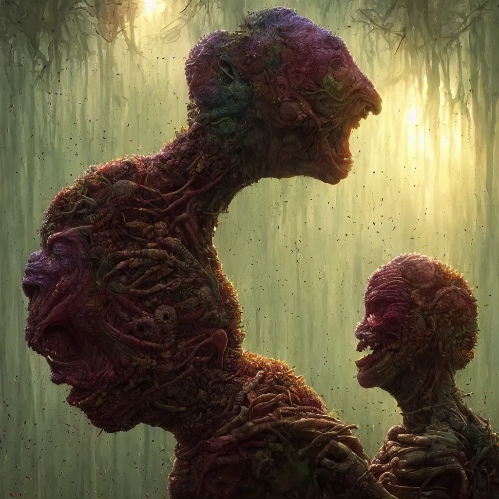 Image similar to extremely detailed cinematic movie still portrait of happpy rainbow dwarf eating mashroom hyperreal skin face by denis villeneuve, wayne barlowe, simon birch, marc simonetti, philippe druillet, beeple, alex grey bright volumetric sunlight, rich moody colors, closeup, bokeh