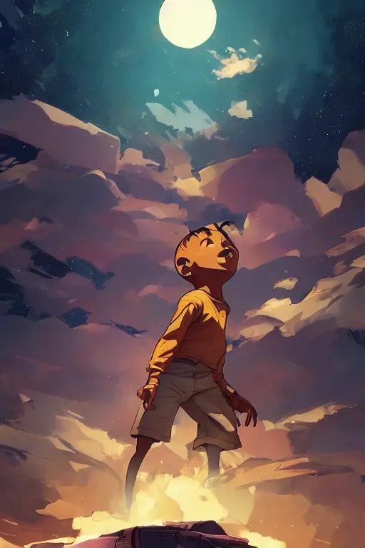 Prompt: a boy looking up into the sky seeing an anxious reflection of himself behance hd artstation by jesper ejsing, by rhads, makoto shinkai and lois van baarle, ilya kuvshinov, ossdraws, that looks like it is from borderlands and by feng zhu and loish and laurie greasley, victo ngai, andreas rocha