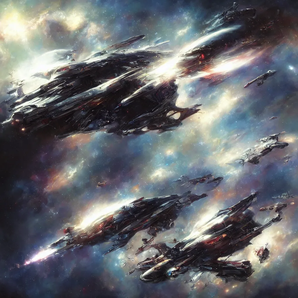Prompt: spaceship in space, artwork by raymond swanland