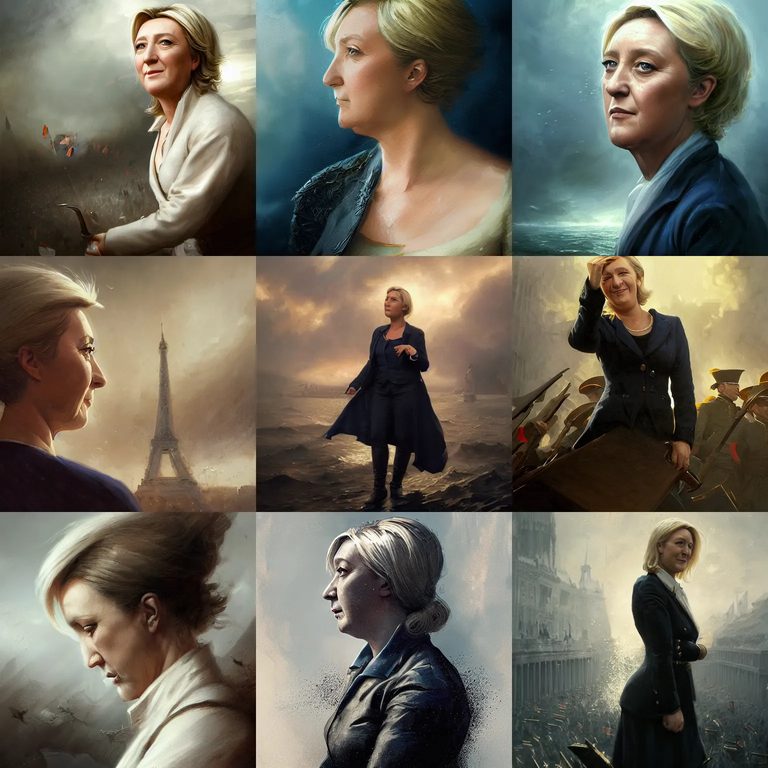 Prompt: Portrait of Marine le Pen , french revolution, amazing splashscreen artwork, splash art, head slightly tilted, natural light, elegant, intricate, fantasy, atmospheric lighting, cinematic, matte painting, by Greg rutkowski