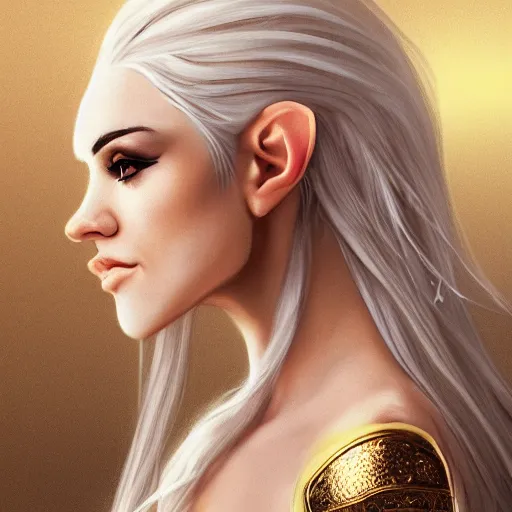 Prompt: side portrait of a female elven warrior, fantasy, head tilted down, white hair, gold armour, gold jewelry, white skin, detailed face, trending on artstation, gsociety, D&D, elegant, highly detailed, sophisticated, hyperrealistic, detailed illustration, smooth, sharp focus, upper body, intricate, rule of thirds, holy glow, backlit, hd 4k by Greg Rutkowski, Charlie Bowater, Karol Bak