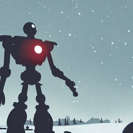 Prompt: the iron giant standing stoically looking towards a small town, snow, highly detailed, deep aesthetic, 4k, highly ornate intricate details, rich colors, digital artwork, symmetrical, ray tracing,