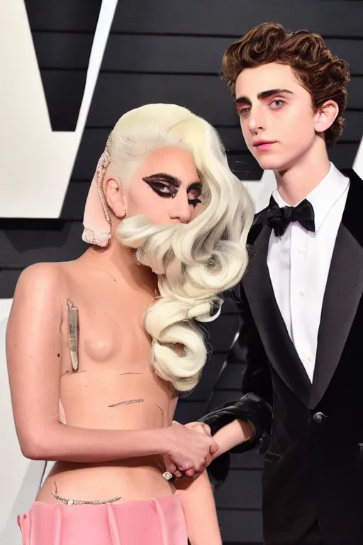 Image similar to timothee chalamet and lady gaga holding hands on the red carpet, beautiful detailed faces