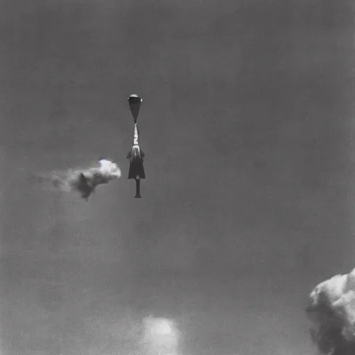 Prompt: atomic bomb being dropped on man looking up