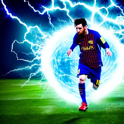 Image similar to lionel messi running extremely fast engulfed in blue lightning vortex, 8 k