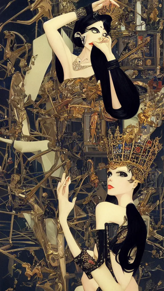 Prompt: a beautiful black haired woman with pale skin and a crown on her head sitted on an intricate metal throne new york circa 1 9 8 4 edward hopper and james gilleard, surreal, open ceiling, highly detailed, airbrush, ilya kuvshinov, wlop, stanley artgerm, very coherent, art by takato yamamoto and james jean