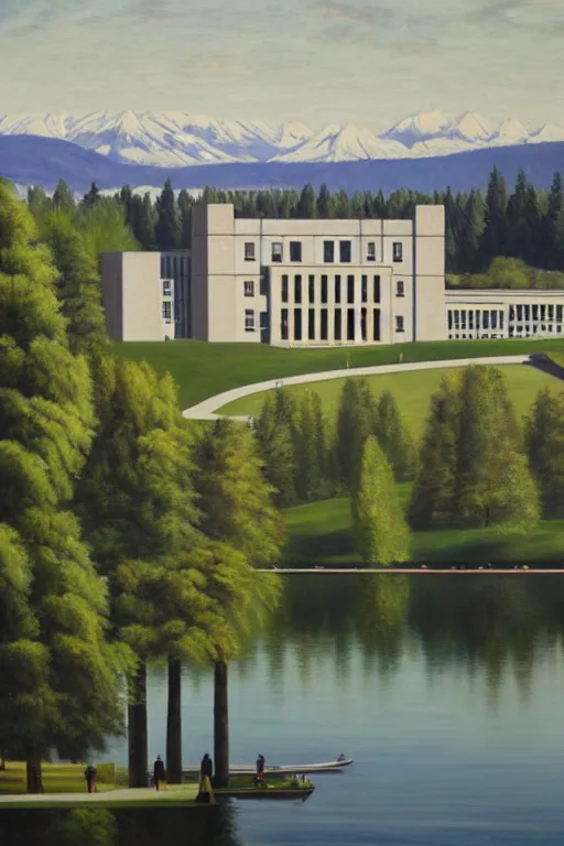 Prompt: A detailed oil painting of Padelford Hall at the University of Washington designed by Minoru Yamasaki with Lake Washington in the background