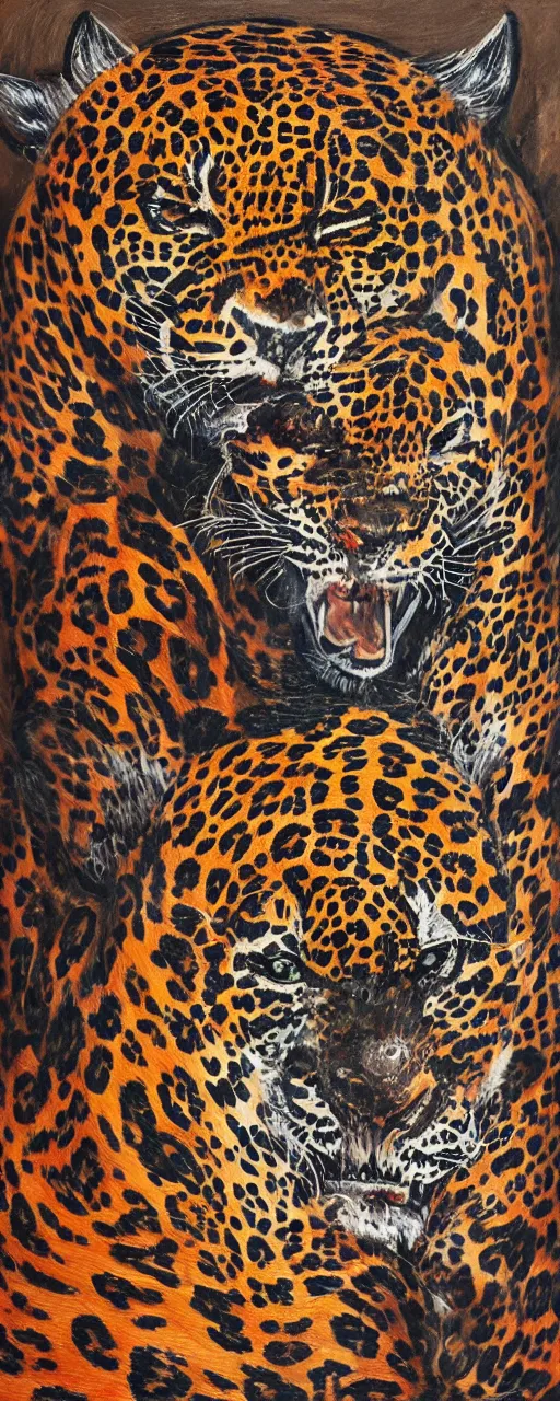 Image similar to an intricated and detailed painting of a shaman turning into a jaguar 4 k render