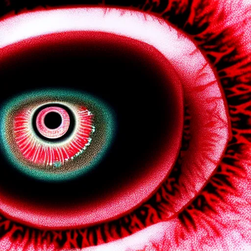 Image similar to a detailed extremely close up of inside the iris, cornea, red image, microscopic, extremely close up drawing by junji ito, cgsociety, generative art, lovecraftian, parallax, cosmic horror, extremely detailed, hyperrealism, unreal engine, octane render, award winning, masterpiece, highly detailed, realistic, 4 k, digital