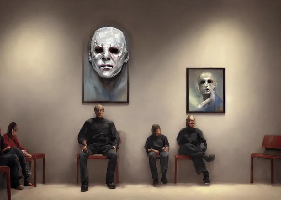 Prompt: dynamic portrait painting of Michael Myers sitting in the waiting room of an optometrist amongst other normal patients, sharp focus, face focused, trending on ArtStation, masterpiece, by Greg Rutkowski, by Ross Tran, by Fenghua Zhong, octane, soft render, oil on canvas, decorated wall with pictures of eyes, moody lighting, high contrast, cinematic