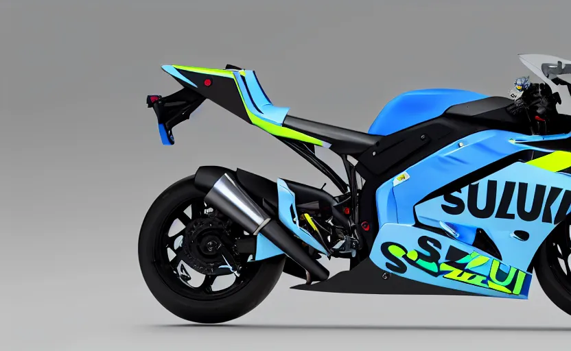 Prompt: suzuki flying prototype, motorbike, superbike, symmetrical mechanical features, designed by polestar, artificial fog, elegant design, aurora lights background, brushed blue paint, black wheel rims, hard surfaces modelling, show room scene, dramatic lighting, hyper realistic rendering, made in solidworks, bokeh effect, 1 5 0 mm, sharp focus, 4 k