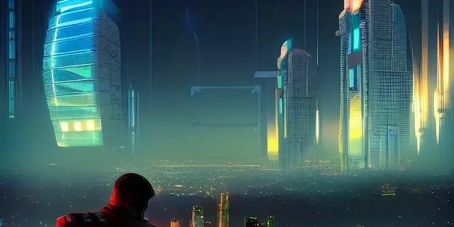 Image similar to giant glowing futuristic cubes in the sky, a cyberpunk dubai city seen in the distance, atmospheric lighting, intricate, volumetric lighting, beautiful, sharp focus, ultra detailed, in the art style of marc simonetti, bowater charlie and brom gerald, astrophotography